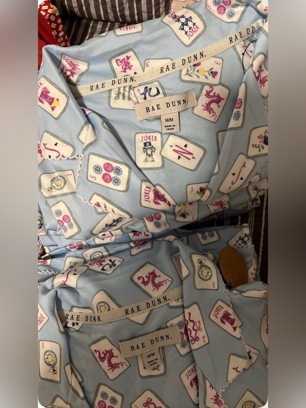 Rae Dunn Light Blue Mahjong-Print Pajama Set with Pink & Navy Accents